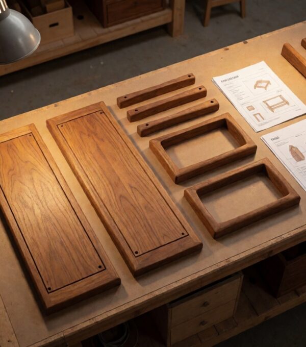 Custom wood furniture components laid out on a workshop table for measurement